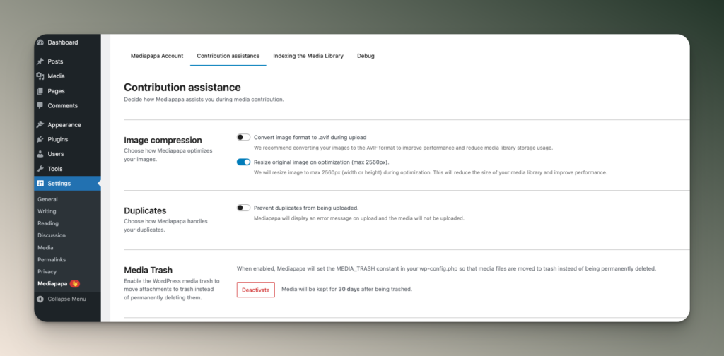 Dashboard interface displaying various options and settings.