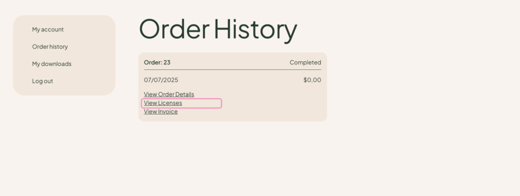 Order History Interface showing completed order details