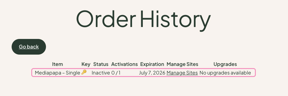 Order History screen displaying item status and activation details.