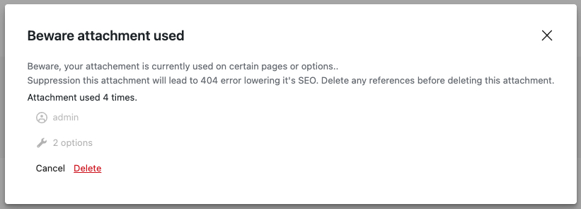 A warning message about attachment usage with options to delete or cancel.